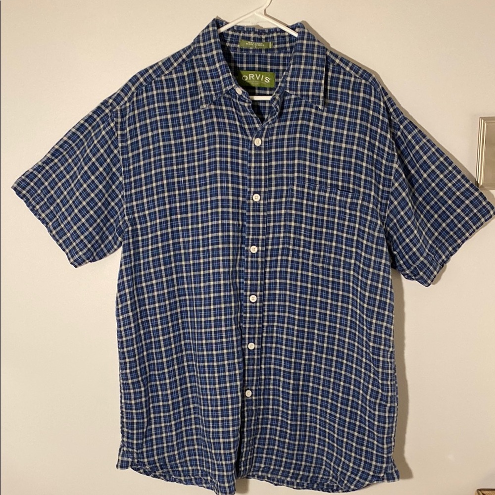 Orvis Men's Blue Plaid Linen Short Sleeve Button Up Casual Work Shirt Size L